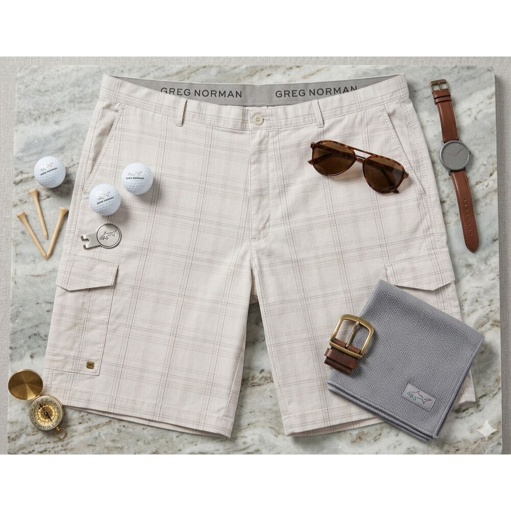 Greg Norman Men’s 44 Stretch Shorts White Plaid Cargo Golf Casual Lightweight